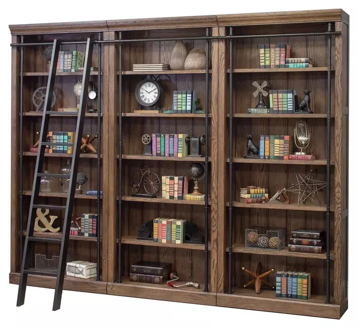 Avondale Weathered Oak 3 Tall Bookcase Wall with Ladder