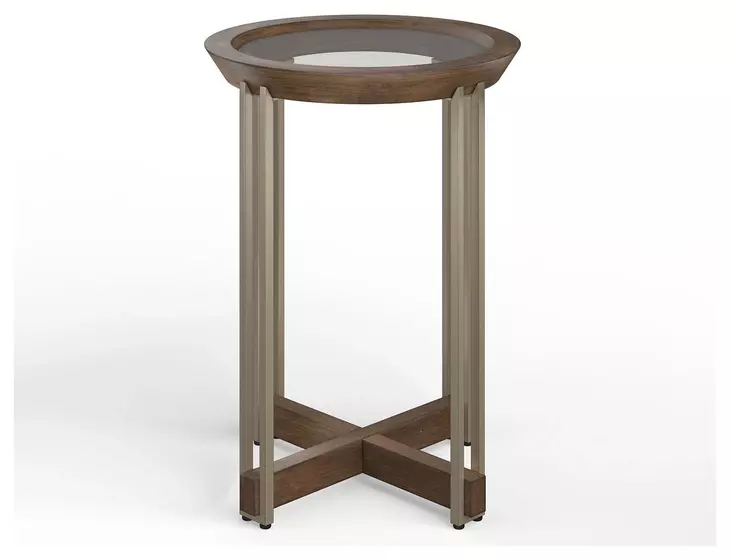 Kingsmere Walnut and Tarnished Silver Round Glass Top Accent Table