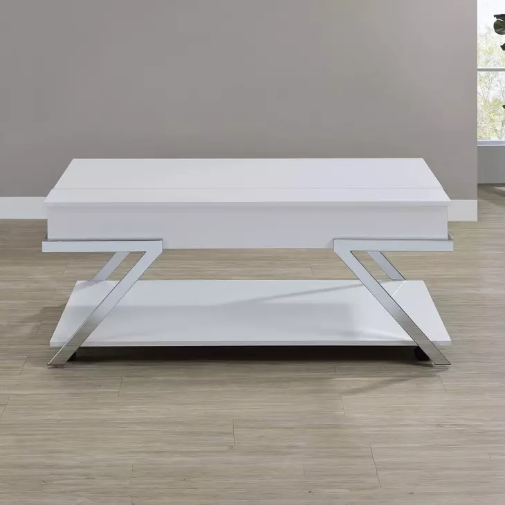 Zena White Rectangular Lift Top Cocktail Table with Casters