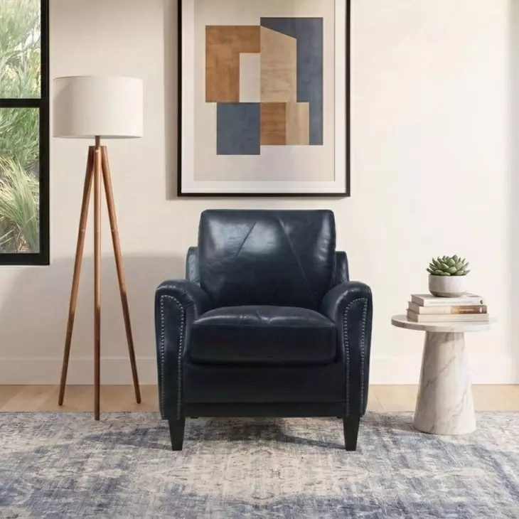 Ashton Midnight Blue Top Grain Leather Living Room Chair with Nailhead Trim
