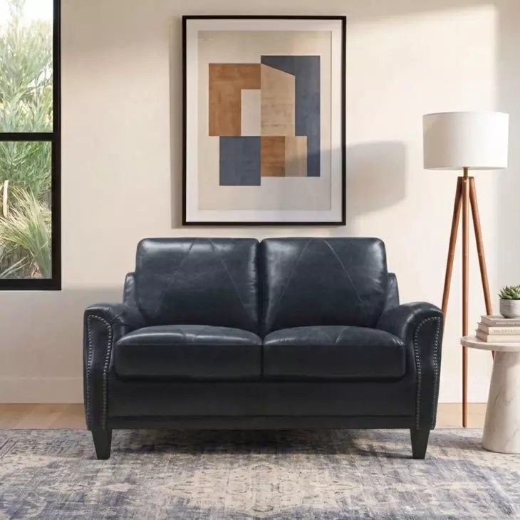 Ashton Midnight Blue 59" Top Grain Leather Loveseat with Nailhead Trim