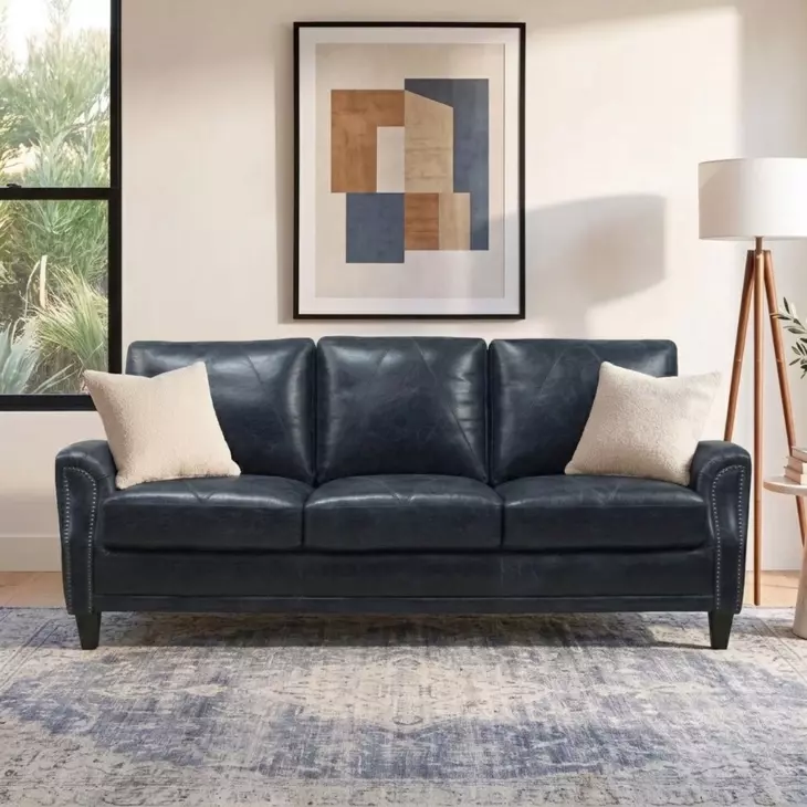 Ashton Midnight Blue Top Grain Leather Living Room Set with Nailhead Trim