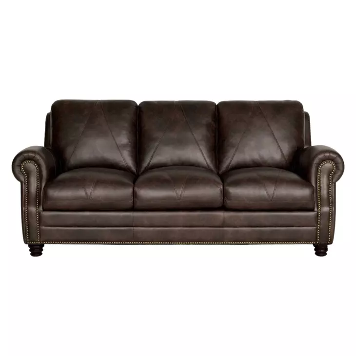 Brookstone Chocolate 86" Leather Sofa with Nailhead Trim