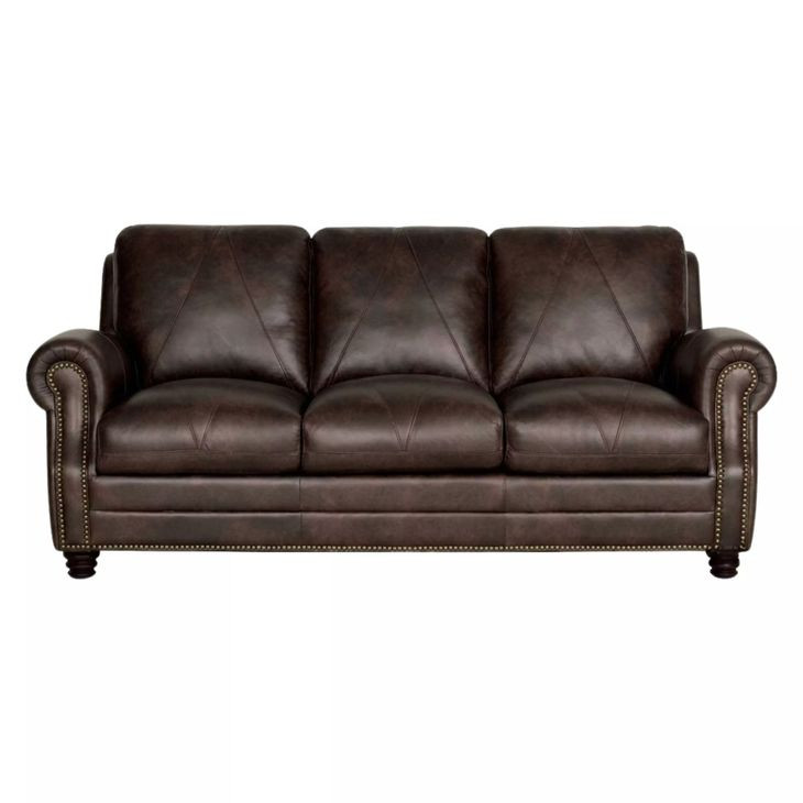 Brookstone Chocolate 86" Leather Sofa with Nailhead Trim