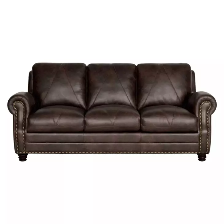 Brookstone Chocolate 86" Leather Sofa with Nailhead Trim