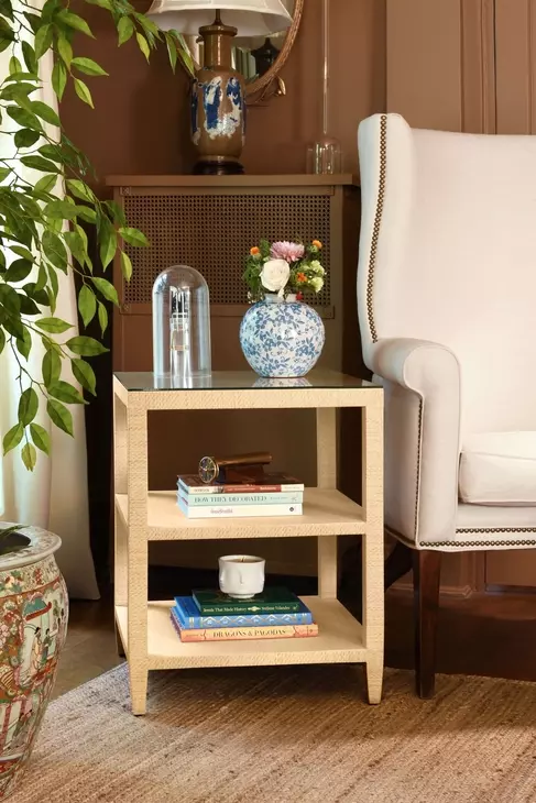 Amie Natural Grasscloth 3 Tier Square Side Table