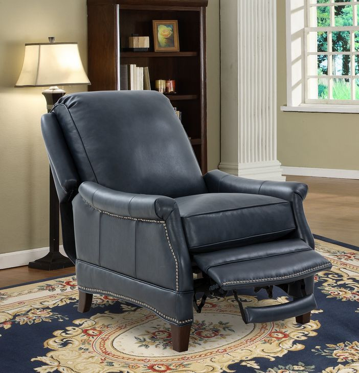 Ashebrooke Barone Navy Blue Leather Push Thru The Arms Recliner with Nailhead Trim