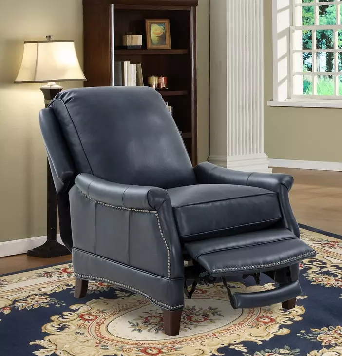 Ashebrooke Barone Navy Blue Leather Push Thru The Arms Recliner with Nailhead Trim