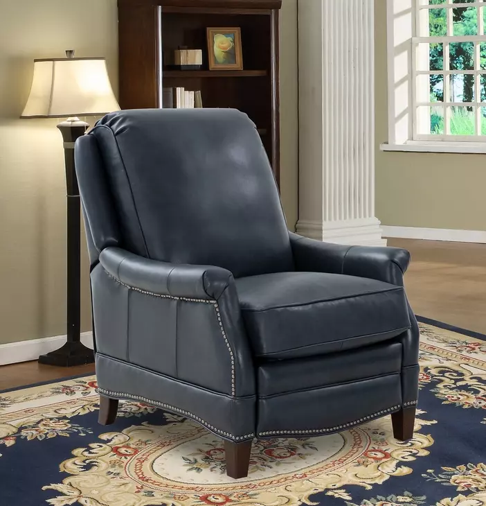 Ashebrooke Barone Navy Blue Leather Push Thru The Arms Recliner with Nailhead Trim