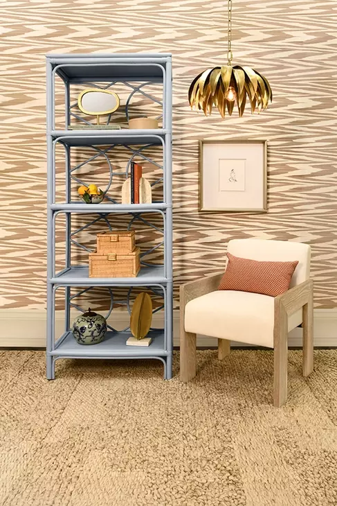 Danielle Painted Light Blue Decorative Back Rattan Etagere