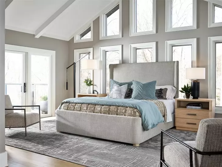 Voyage Beige and White Oak Queen Upholstered Daybreak Panel Bed