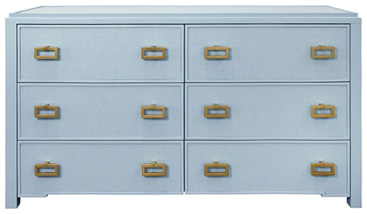 Atticus Matte Light Blue Frame Grasscloth 6 Drawer Dresser