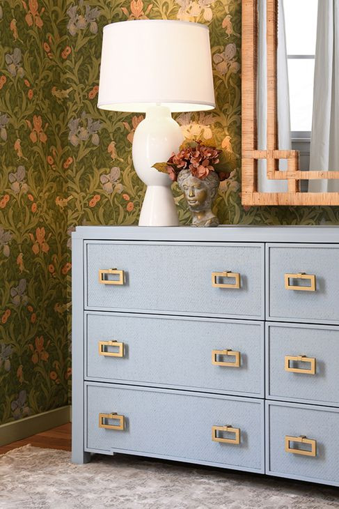 Atticus Matte Light Blue Frame Grasscloth 6 Drawer Dresser