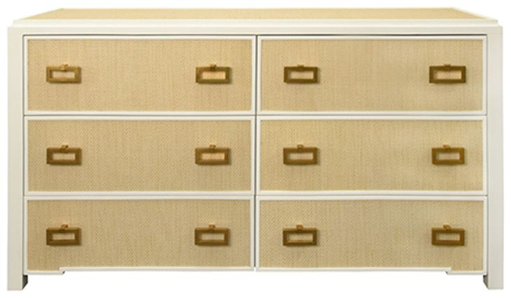 Atticus Matte White Lacquer Frame and Natural Grasscloth 6 Drawer Dresser