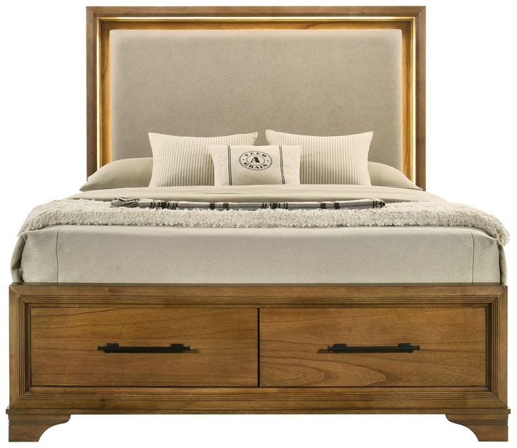 Talcott Beige and Brown King Upholstered Storage Platform Bed with LED