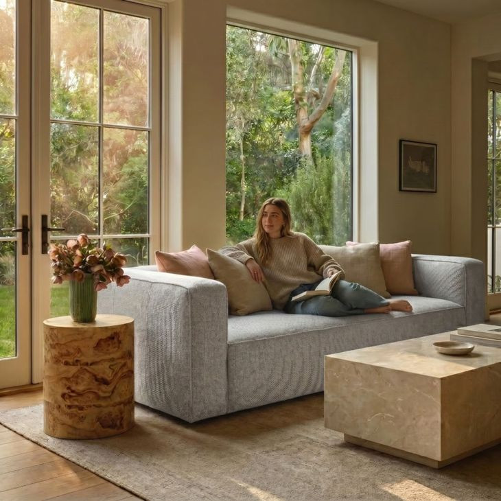Aurora Pebble Beige Heavy Basketweave 90" Sofa