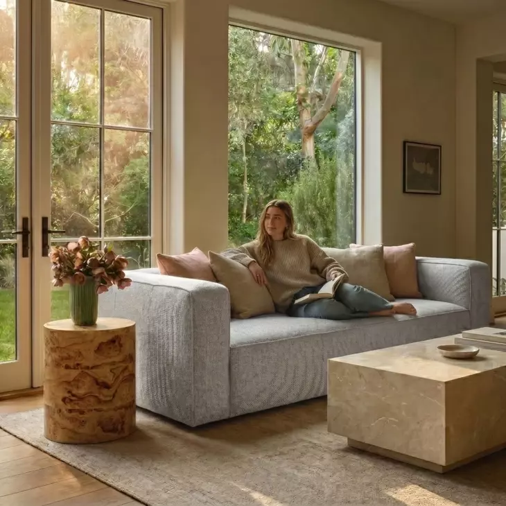 Aurora Pebble Beige Heavy Basketweave 90" Sofa