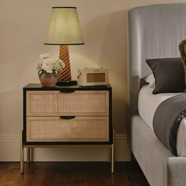 Riverton Black Oak and Natural Rattan Nightstand