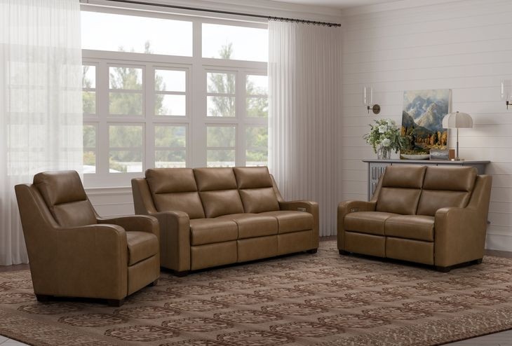 Ayden Hillwood Toffee Leather Power Reclining Living Room Set with Power Lumbar and USB Charging