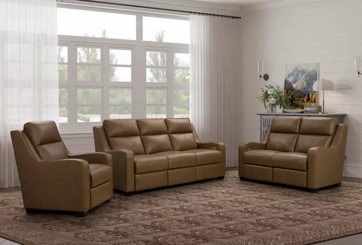Ayden Hillwood Toffee Leather Power Reclining Living Room Set with Power Lumbar and USB Charging