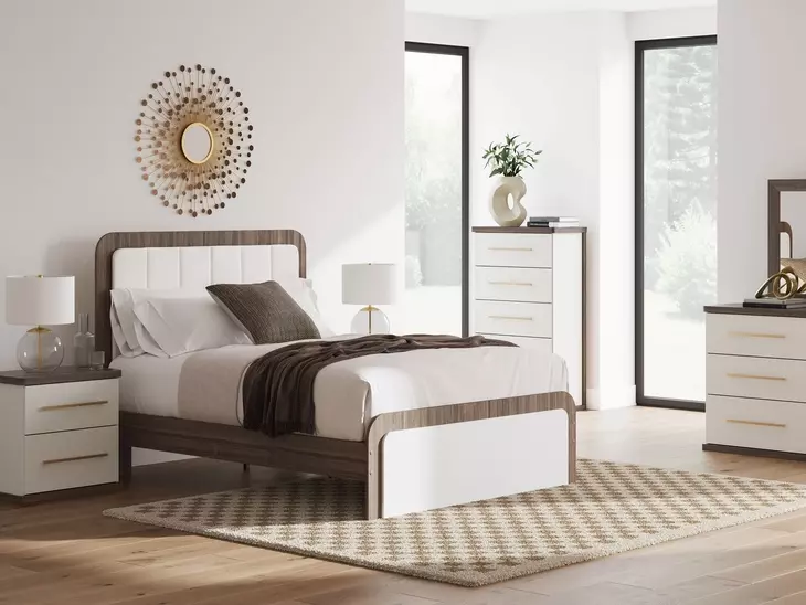 Mazilar White and Brown Upholstered Bedroom Set with LED