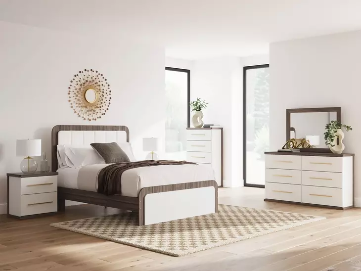 Mazilar White and Brown Upholstered Bedroom Set with LED