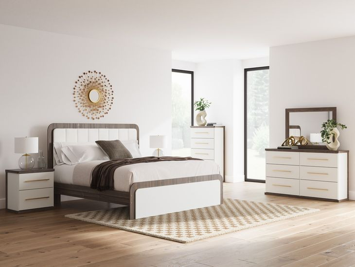 Nendalane White and Brown King Upholstered Bed with LED
