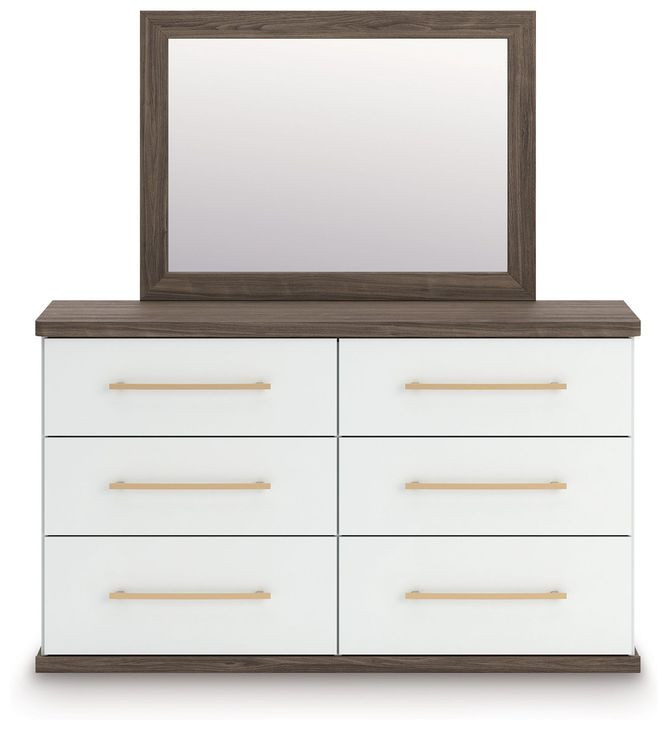 Nendalane White and Brown 6 Drawer Dresser with Rectangular Mirror