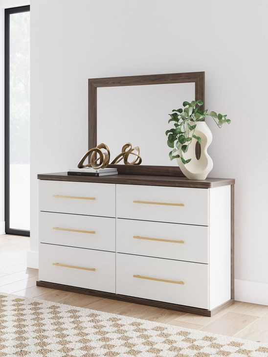 Nendalane White and Brown 6 Drawer Dresser with Rectangular Mirror