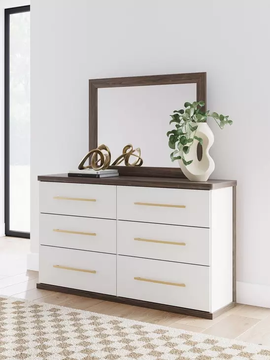 Mazilar White and Brown 6 Drawer Dresser with Rectangular Mirror