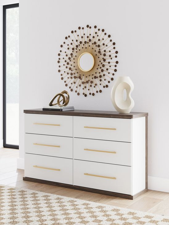 Nendalane White and Brown 6 Drawer Dresser with Rectangular Mirror