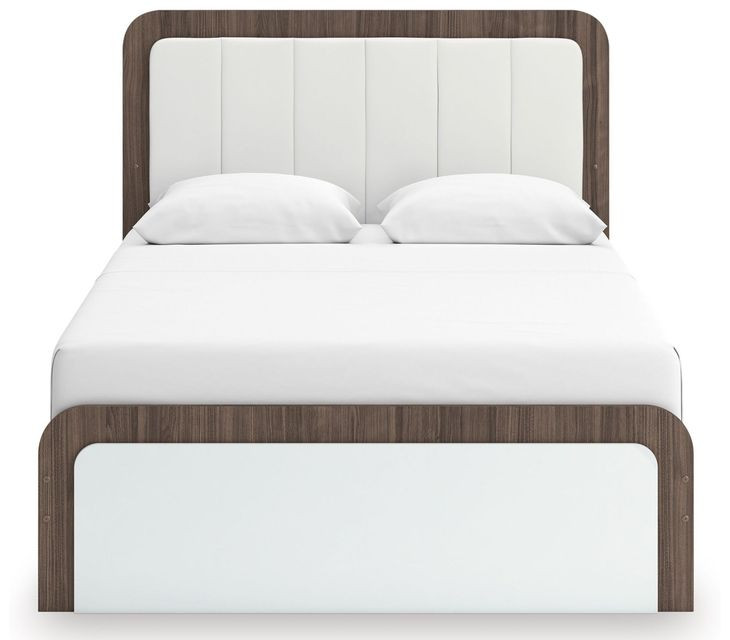 Nendalane White and Brown Queen Upholstered Bed with LED