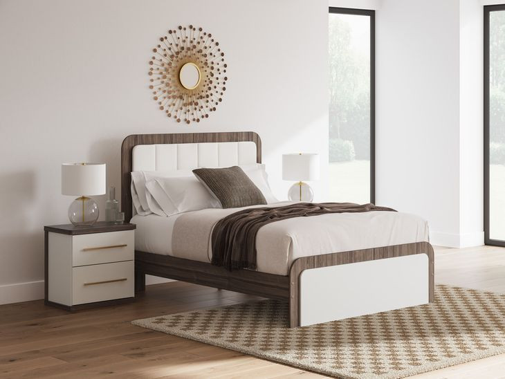 Nendalane White and Brown Queen Upholstered Bed with LED