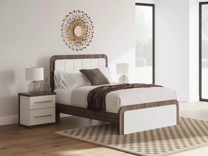 Mazilar White and Brown Queen Upholstered Bed with LED