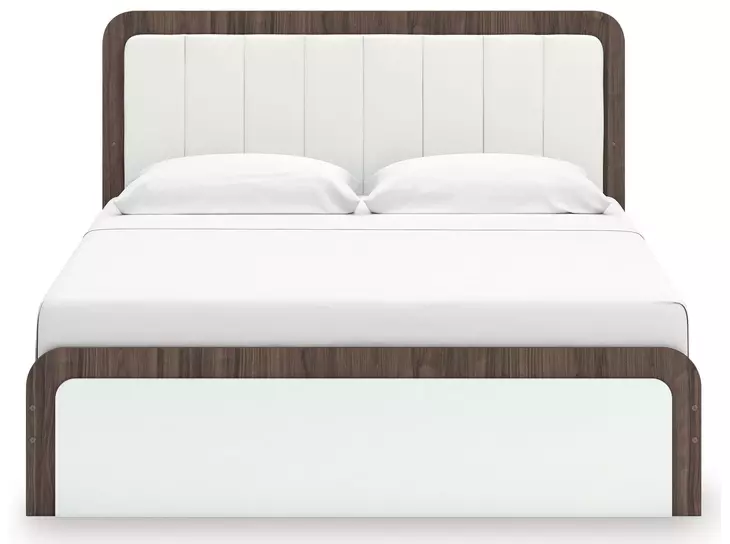 Mazilar White and Brown King Upholstered Bed with LED