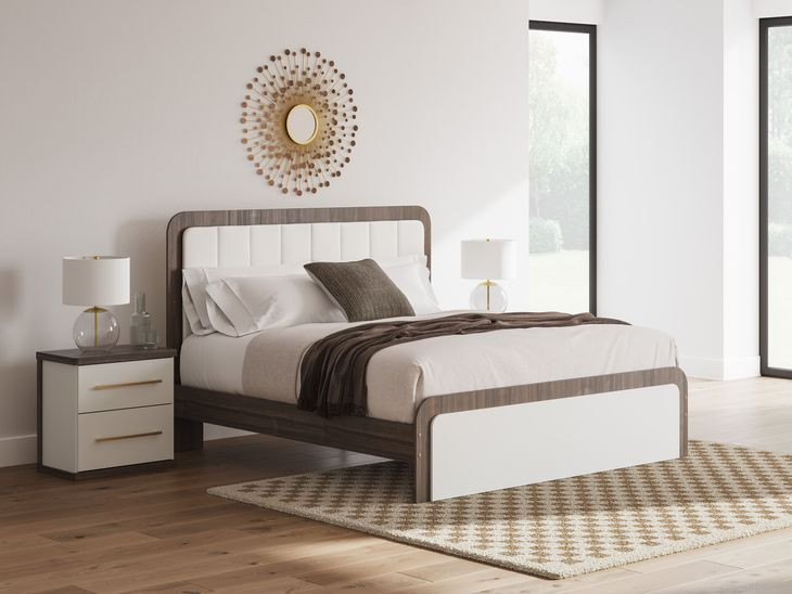 Nendalane White and Brown King Upholstered Bed with LED