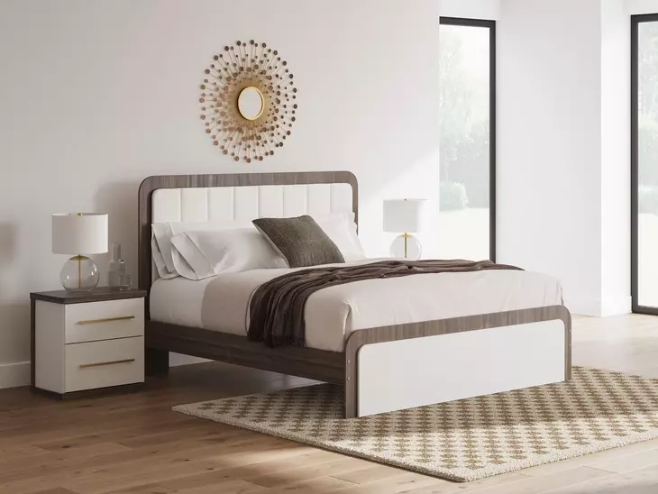 Mazilar White and Brown King Upholstered Bed with LED