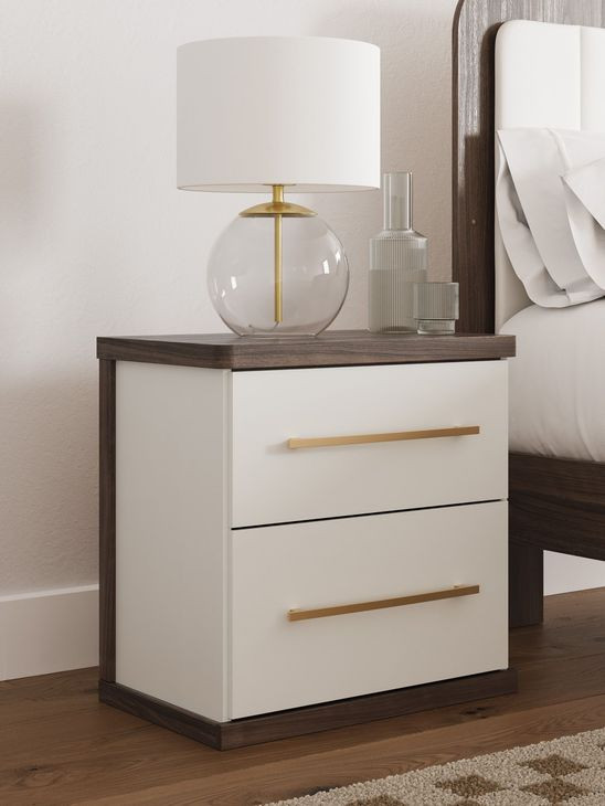 Nendalane Brown and White 2 Drawer Nightstand with USB Charging