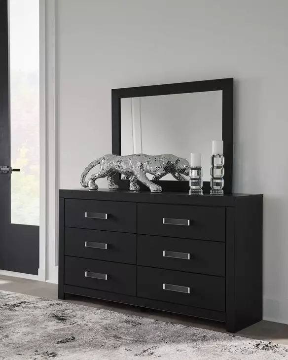 Raechalla Black 6 Drawer Dresser and Rectangular Mirror