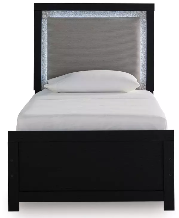 Raechalla Black Twin Upholstered Panel Bed with LED