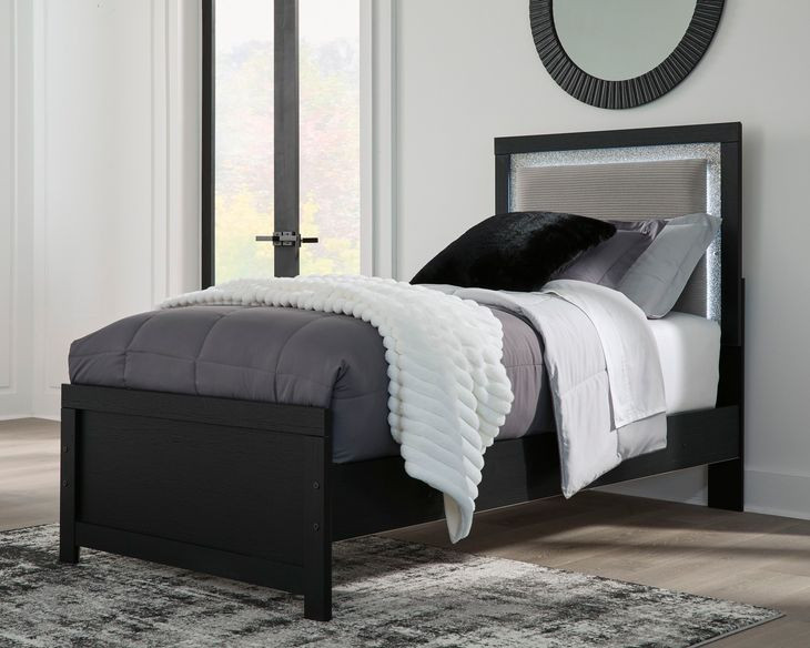 Raechalla Black Twin Upholstered Panel Bed with LED