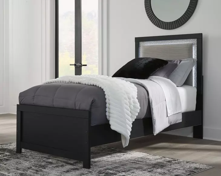 Raechalla Black Twin Upholstered Panel Bed with LED