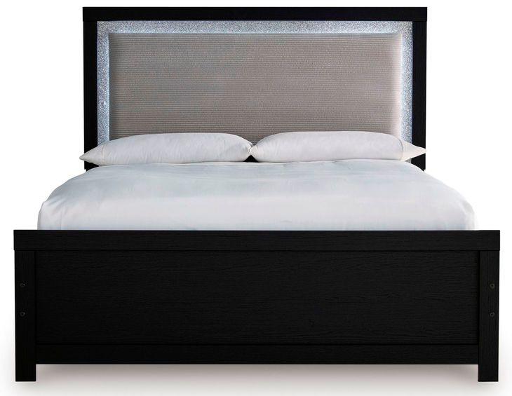 Raechalla Black Queen Upholstered Panel Bed with LED