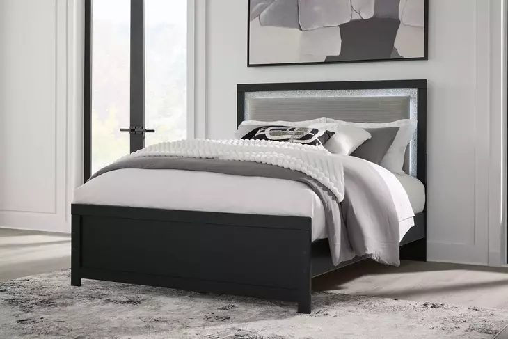Raechalla Black Queen Upholstered Panel Bed with LED