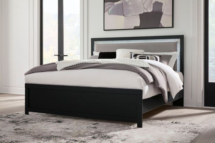 Raechalla Black King Upholstered Panel Bed with LED