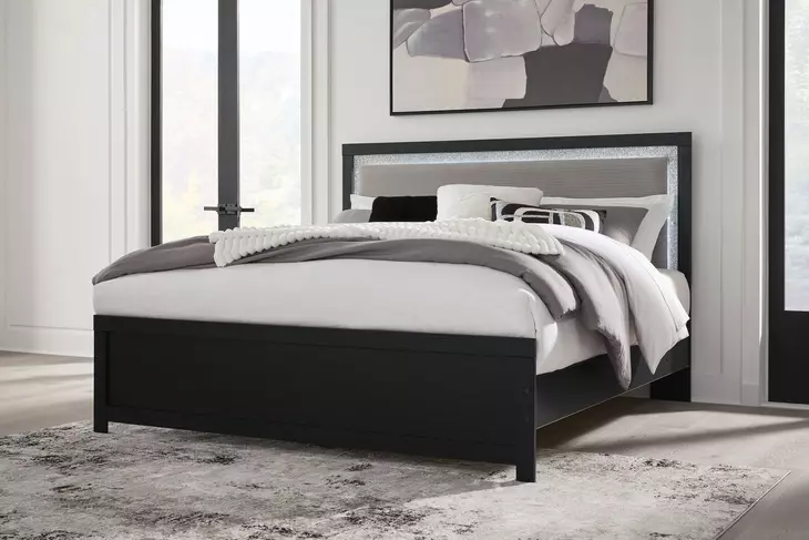 Raechalla Black King Upholstered Panel Bed with LED
