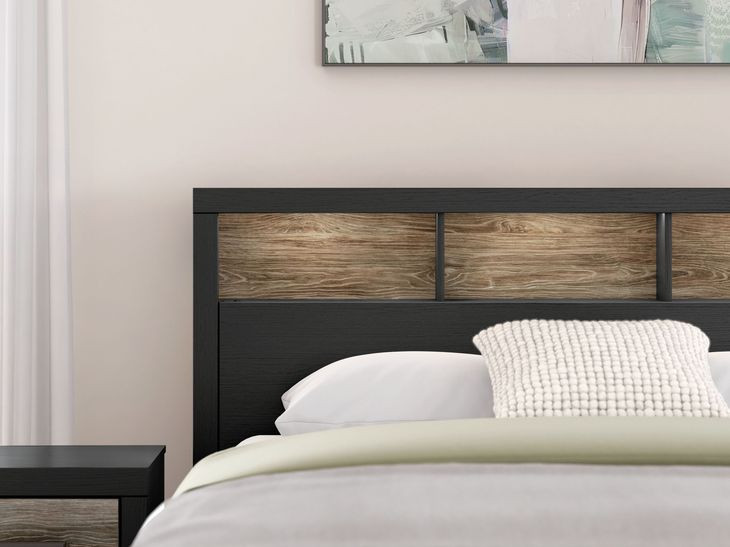 Ryderton Warm Gray and Matte Black Queen Bookcase Headboard with LED