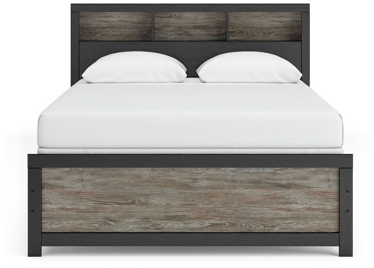 Ryderton Matte Black and Warm Gray Queen Bookcase Storage Panel Bed with LED