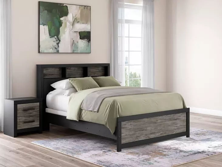 Jonnifer Warm Gray and Matte Black Queen Bookcase Headboard with LED