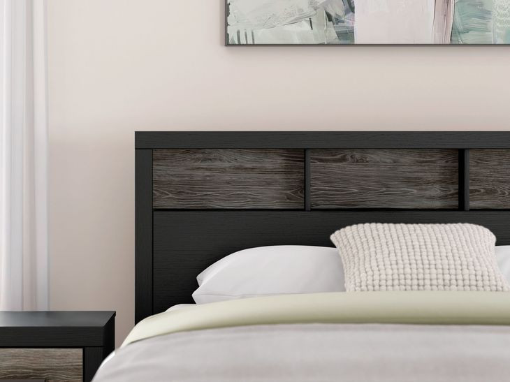 Ryderton Warm Gray and Matte Black King Bookcase Headboard with LED